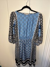 Ann Taylor Loft Blk Blu Silky Knee Length Dress With Tassels On Side To Cinch