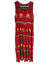 BILA Rayon Red Orange Green Floral Elephant Button Pocket Long Maxi Tank Dress M