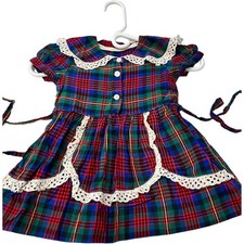EUC Vintage Toddlers / Little Girls Navy Red Plaid Apron Style Ruffled Dress