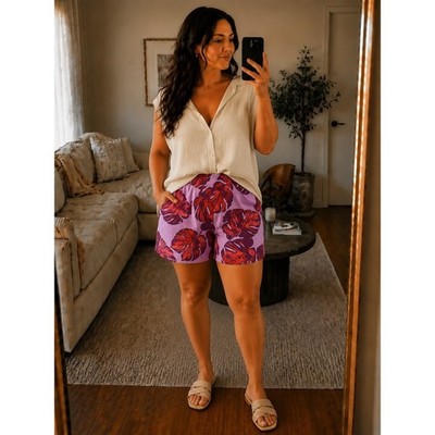 Womens Linen Shorts 2X Purple Red Paperbag Tropical Leaf High Rise Resort Boho
