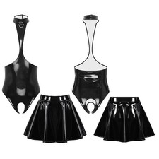 Women Wet Look Crotchless Nightwear Halter Lingerie Party Bodysuit Sleeveless