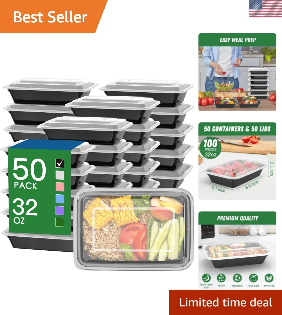 50 Pack 100-Piece 32 oz Meal Prep Containers Reusable with Easy Open Lids, St...