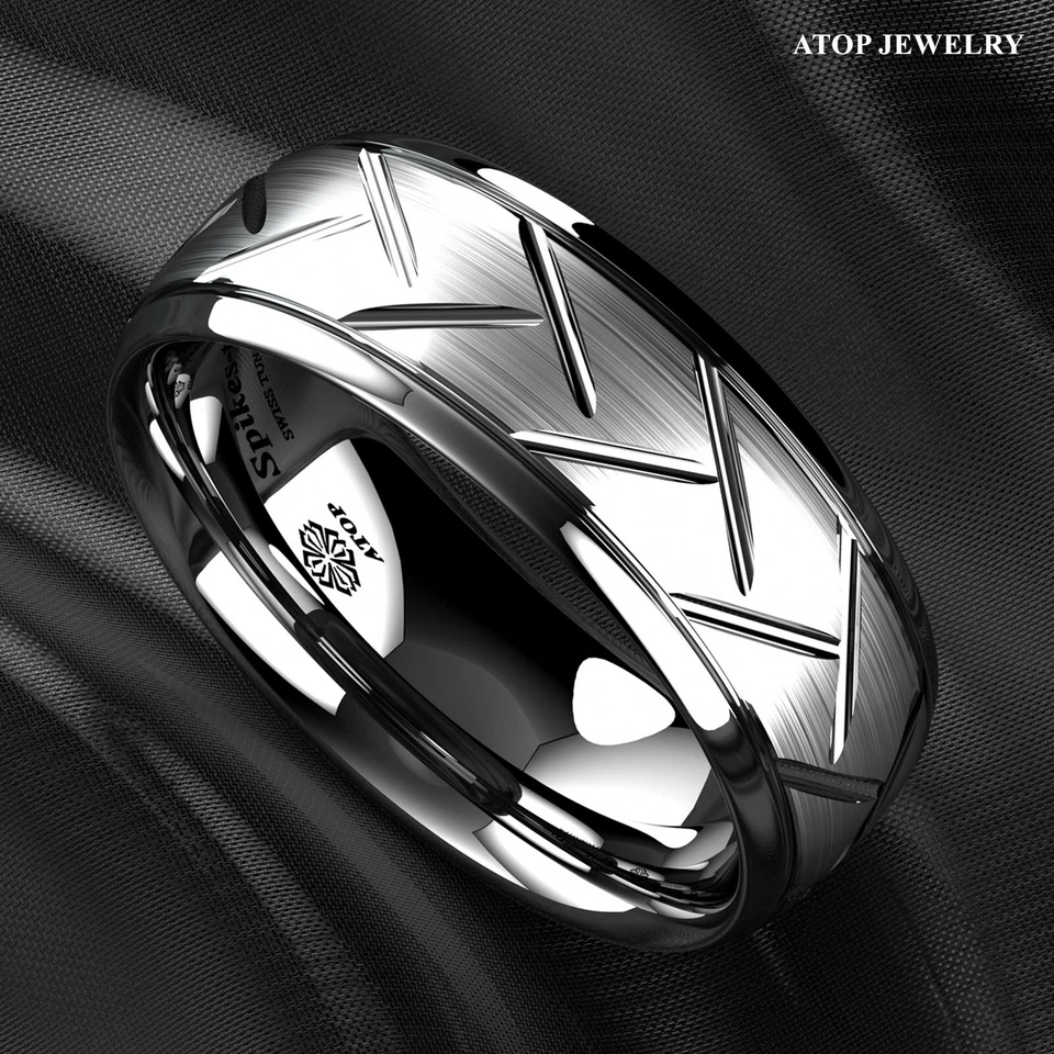 8/6mm Silver Brushed Tungsten Ring for Mens Wedding Band Bridal ATOP Jewelry - Image 3 of 4