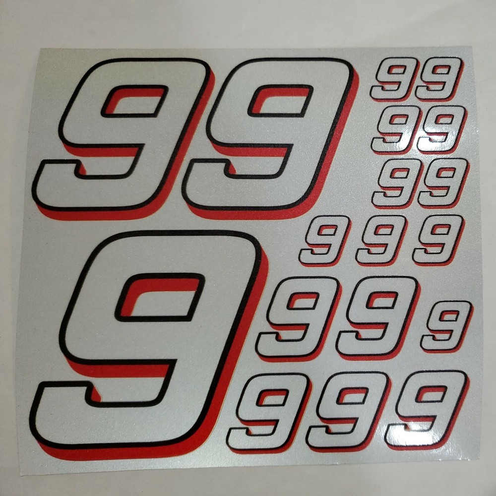 REFLECTIVE SILVER W RED/BLK Racing #9's vinyl Decal Sheet1/8-1/10-1/12 RC Modelx