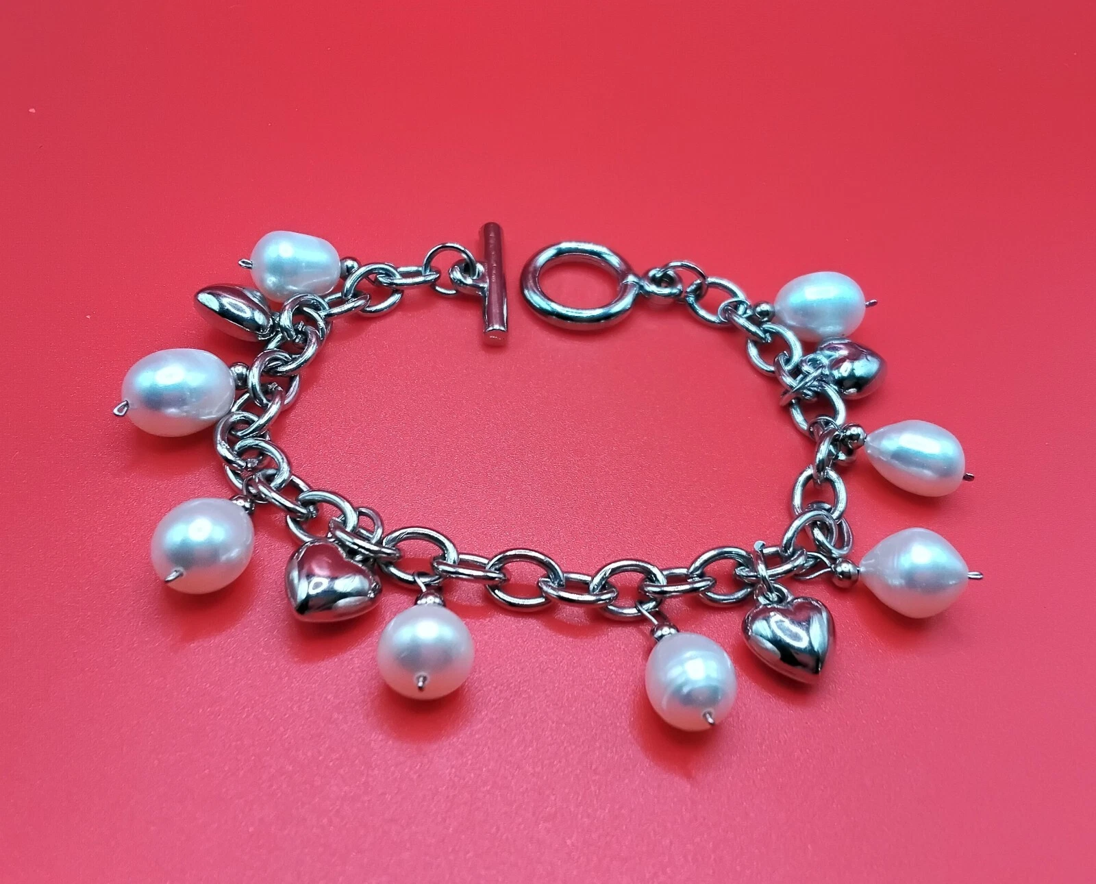 OFF WHITE Bracciale Charm Cuore Perle Perline Tono Argento Off White Toggle