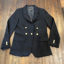 Frame Sz 6 70s Blazer Noir Black Textured Blazer Gold Button Raw Hem Tweed Wool