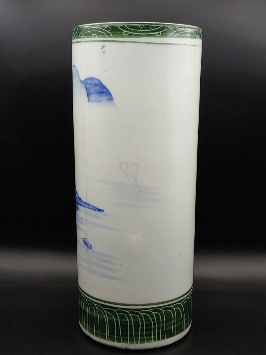 康熙翠毛蓝青花绿釉山水帽筒17th C Chinese Kangxi Blue And White