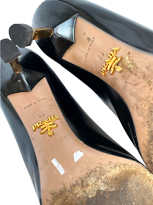 PRADA Black Patent Leather Tassel Gold Metal Heel Pointed PRADA Black Patent Leather Tassel Gold Metal Heel Pointed