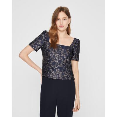 Club Monaco NWT Brocade Puff Sleeve Blouse in Blue Multi in Size 2 MSRP $150