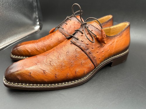Mezlan Size 10.5 M Ostrich Tillson Cognac Brown lace Up Spain Shoes MEN'S