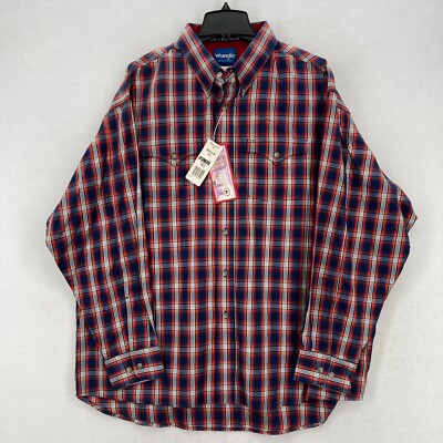 Wrangler Button Down Western Shirt Mens 2XL Red Blue Plaid Cowboy Rodeo Y2K NWT