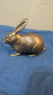 Vintage Brass Rabbit Coin Bank Made In Taiwan With Original Stopper Patina