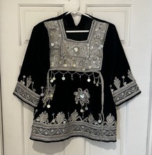AFGHAN KUCHI TUNIC Handmade Child Sized Navy Velvet Charmadozi Embroidery 818