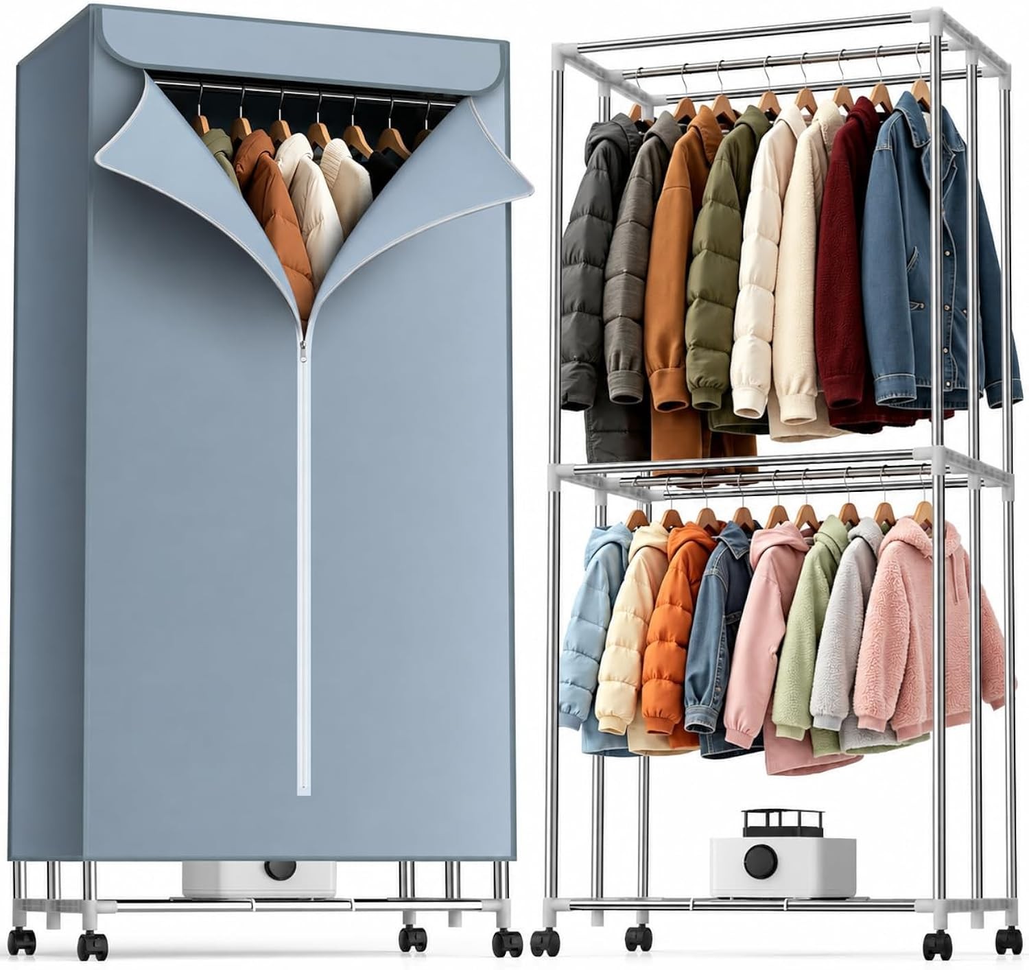 Blue Heated Clothes Airer 16kg Double Layer Drying Rack 1800W Portable Indoor