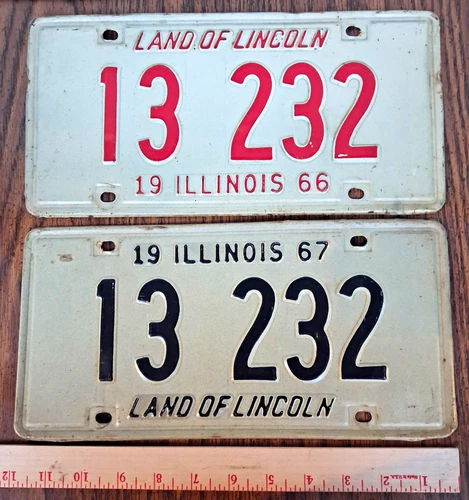 Pair Vintage Illinois Land of Lincoln License Plates 13 232 1966 & 1967