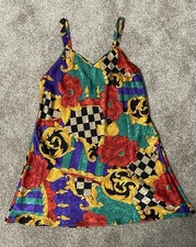 Vintage 80s Val Mode Lingerie Slip Dress Size Medium Colorful Made in USA
