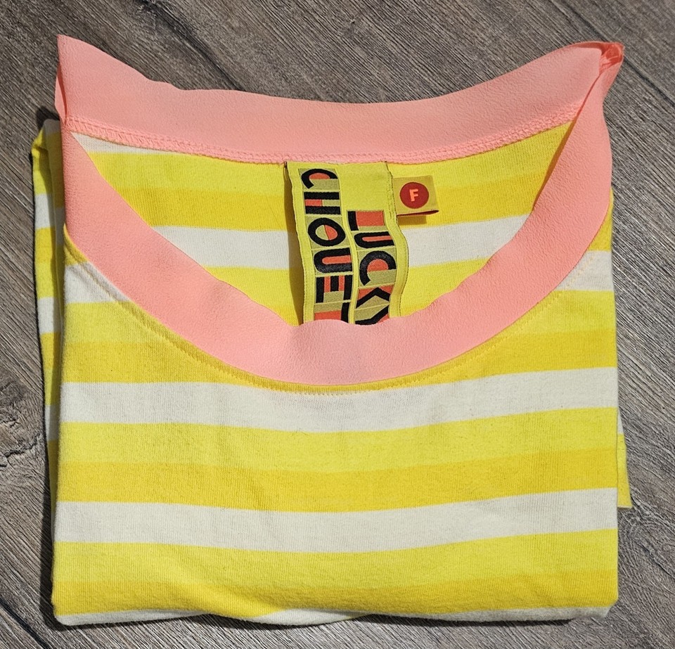 Lucky Chouette Striped Tee Yellow Pink Trim Bow Cotton T Shirt Free Size F