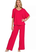 Zenana V-Neck Oversized Top  Pants Set   Women  s Two-Piece Lounge Outfit