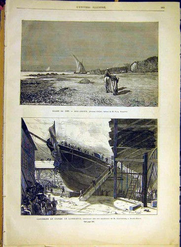 Original Old Antique Print Fine Art Alger Vallois Claparede Ship-Building 1880
