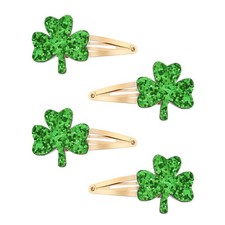 2 Pairs Glitter Green Clover Hair Clips Lucky Shamrock Hairpins Women Girls S...