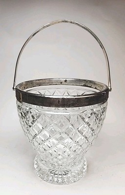 Vintage Cut Glass Ice Bucket Silverplate Handle Bar Cart Decor Vase Herb Planter