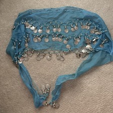 Turquoise Chiffon Belly dance Belt Or Hip Scarf w Silver Coins and Beads