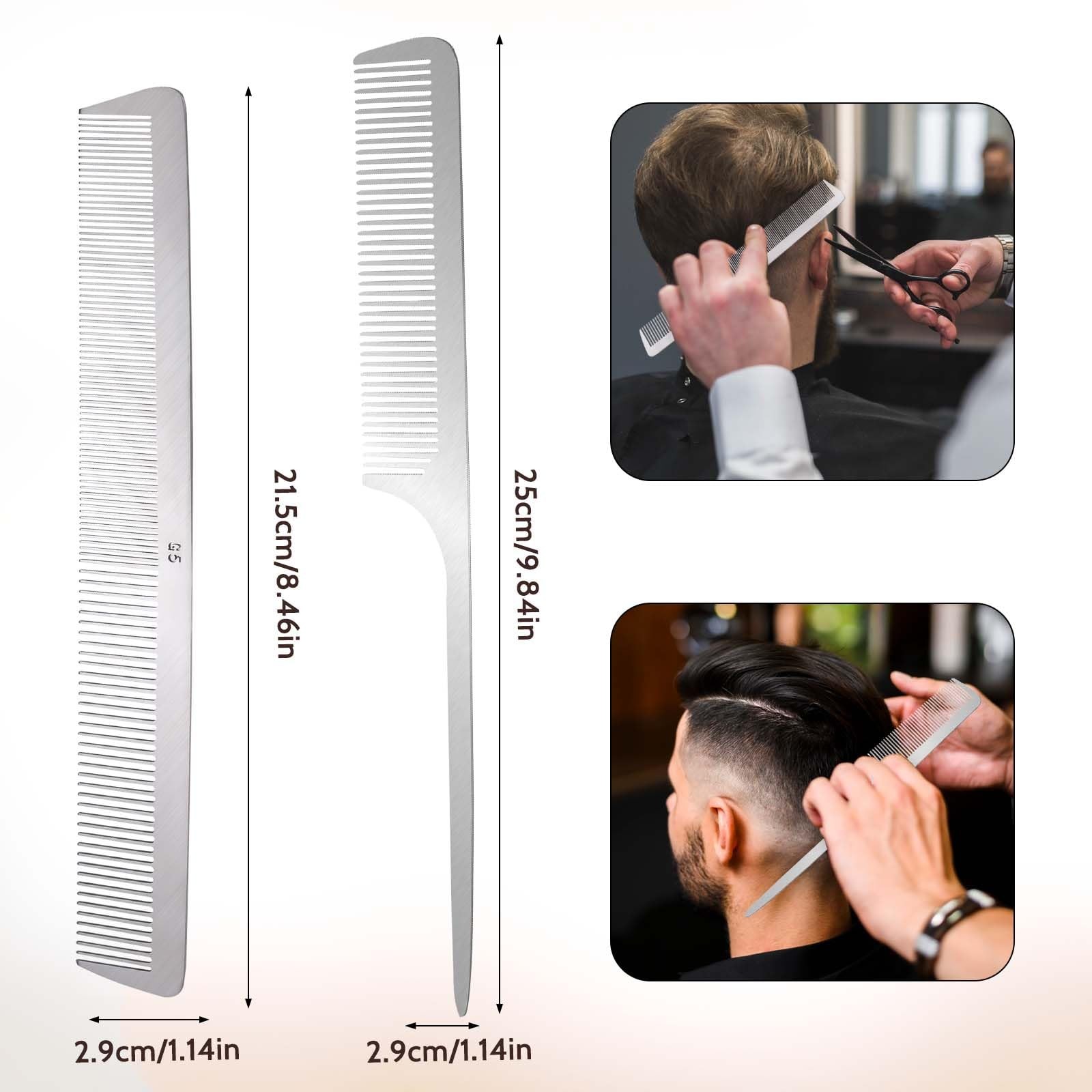 2 PCS Stainless Steel Rat Tail Comb with Metal Pick and Flat Top Barber Comb for