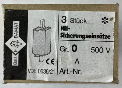3x Bals E BAMAT NH0 Fuse Inserts 63A 500V gL IEC 269 VDE 0636/21 NOS NEW