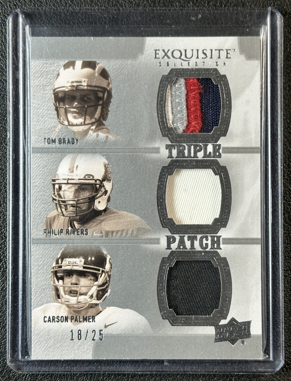 TOM BRADY PHILIP RIVERS CARSON PALMER 2010 UD EXQUISITE TRIPLE GU PATCH 18/25