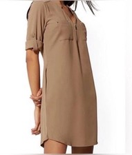 NY&CO tan minimalist professional effortless corporate casual chic dress NWT SM
