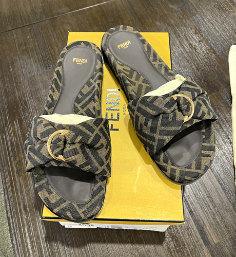 Fendi FF Jacquard Slide Sandals Brown/Black Women’s EU 38.5 Logo