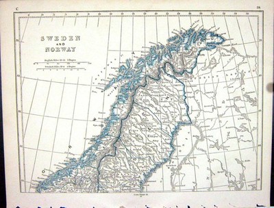 Original alter antiker Druck Lowry Karte 1853 Norwegen Schweden Bottnien Loffoden 19.