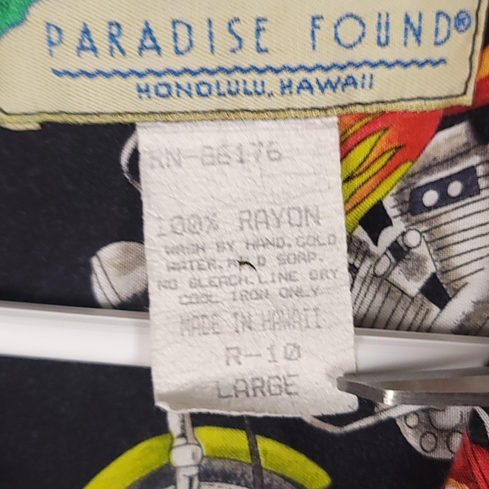 Paradise Found Shirt Mens Large Black Motorcycle Hawaiian Rayon Button Up Hawaii