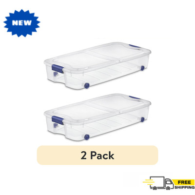 2 Pack Sterilite 66 Qt Ultra Storage Box, Clear Underbed Bin, Wheels, Blue Latch