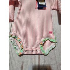 RuffleButts Pink Seersucker Long Sleeve Rash Guard Swimsuit UPF 50 12-18M