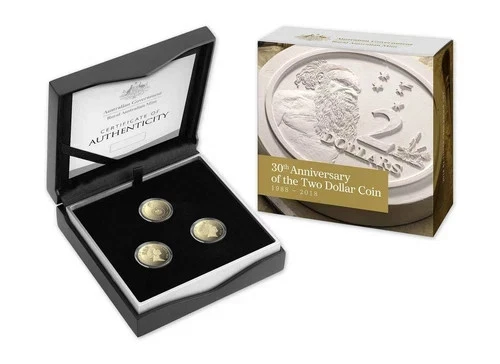 2018 30th Anniversary of Two Dollar Coin; Three Coin Proof set in original box.