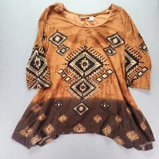 Vtg Collections Etc XL Cotton Brown Black Aztec Bedazzled Western Sequin Top