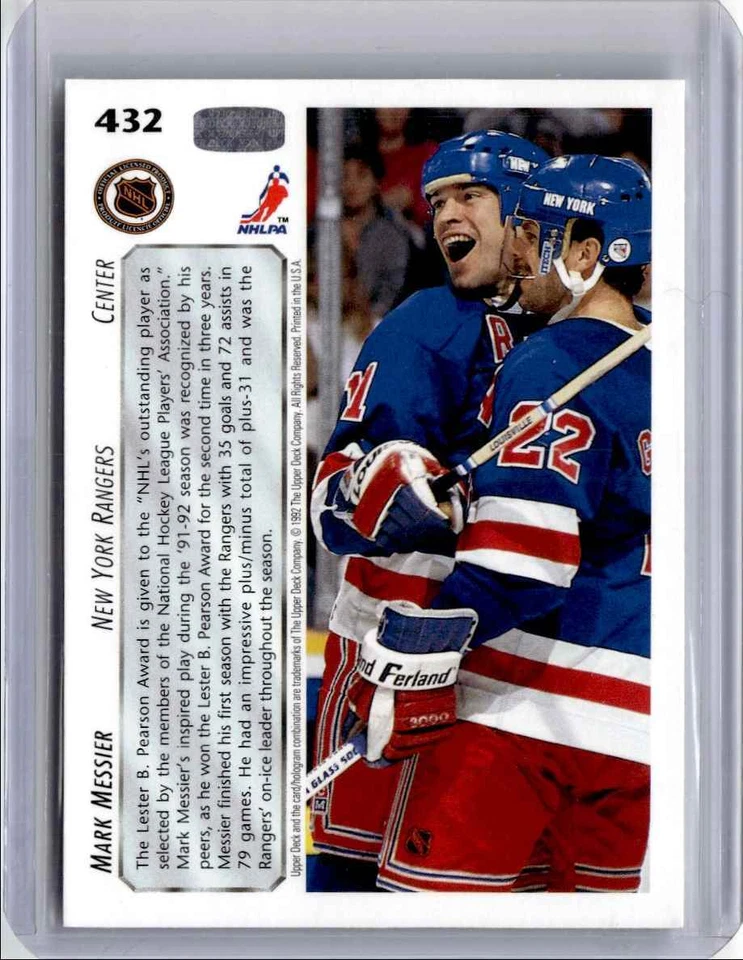 1992-93 Upper Deck Hockey Card Mark Messier B New York Rangers #432 - Image 2 of 2