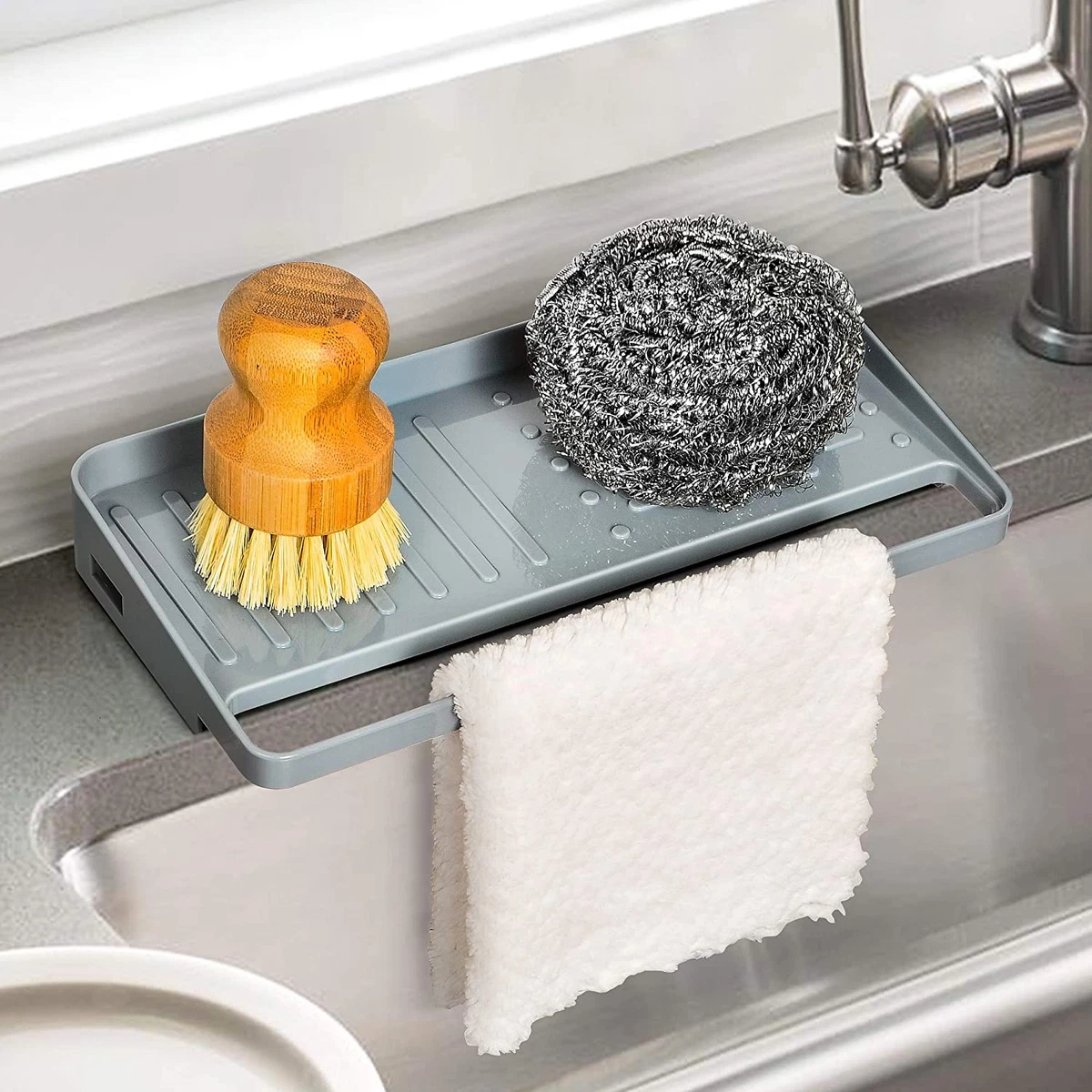 Sink Sponge Holder With Dish Brush Organizer, Suction Cups or Countertop