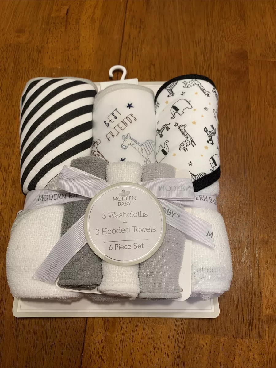 Modern Baby 6 Piece Hooded Bath Towel Washcloth Set Animal Print