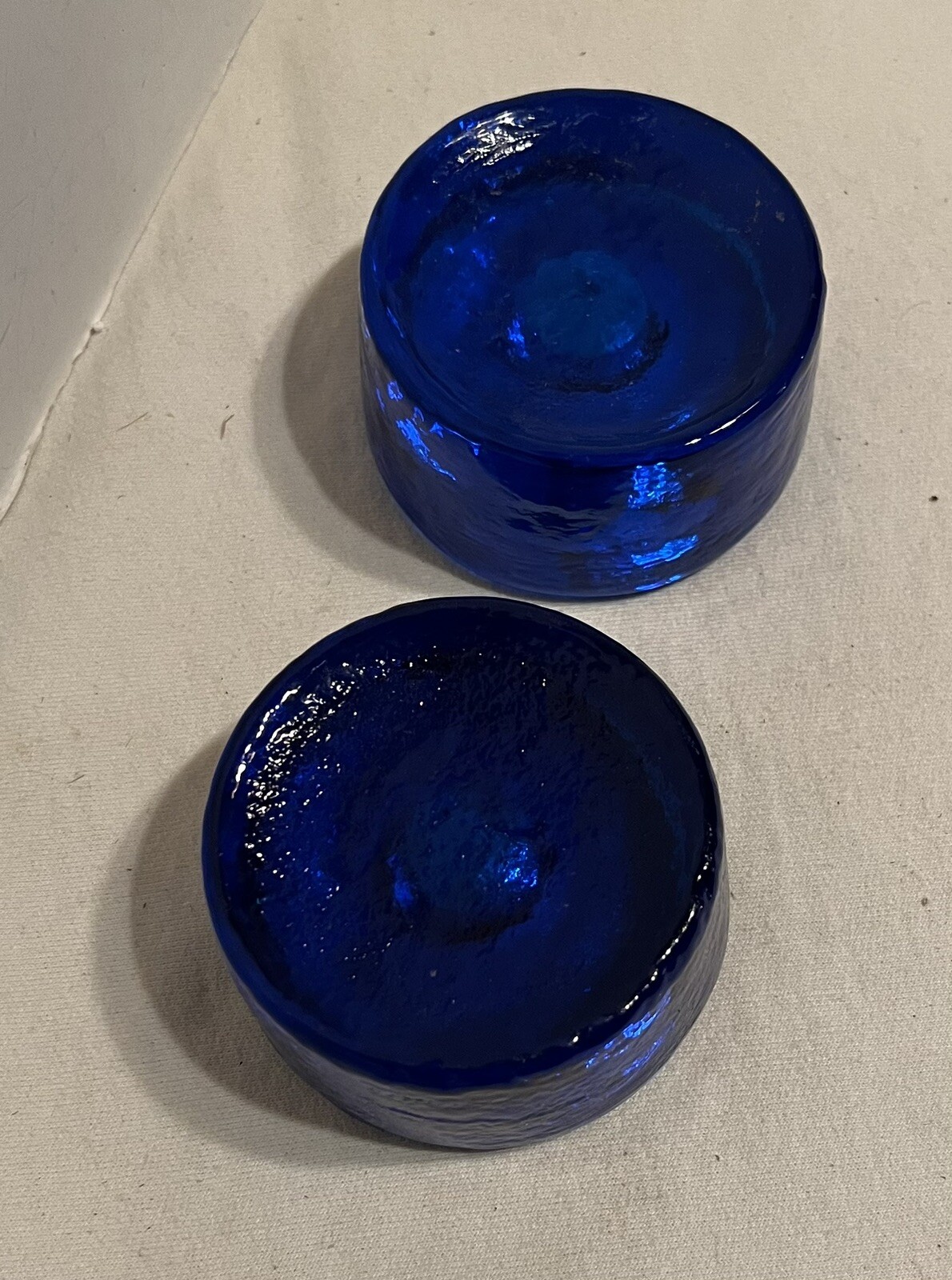 2 Vintage Blenko Cobalt Blue Heavy Glass Round Taper Candle Holders MCM