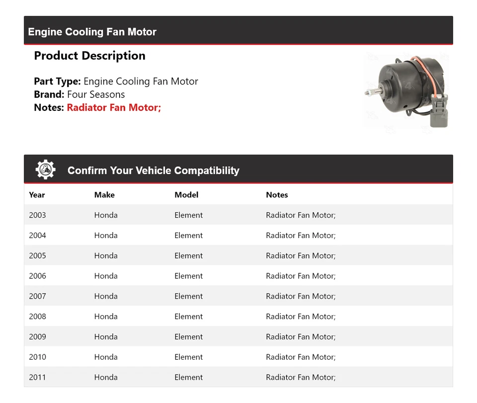 For 2003-2011 Honda Element Engine Cooling Fan Motor 4 Seasons 2004 2005 2006 - Image 2 of 4