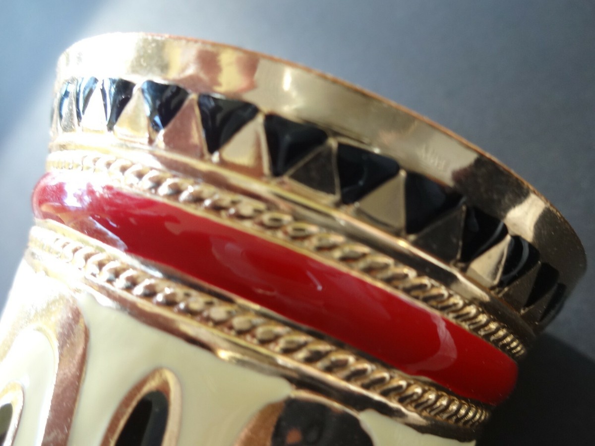 Bracelet Manchette Cléopâtre – Métal Doré – Motifs Égypte – Rouge/Noir/Jaune
