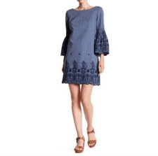 Eliza J Blue Chambray Embroidered Bell Sleeve Scallop Hem 100% Cotton Mini Dress