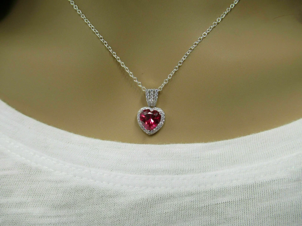 14K White Gold Over 2 Ct Heart Cut Red Ruby Simulated Diamond Halo Pendant Chain - Image 4 of 4