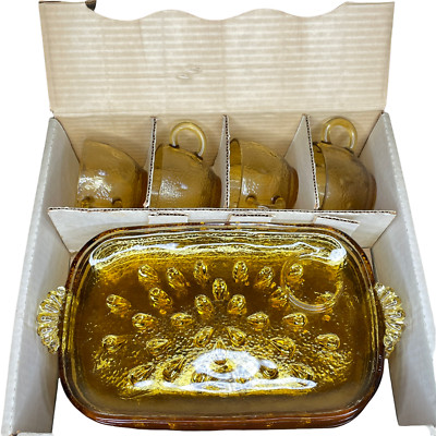 Vintage Crystal 4 Piece Snack Set Informal Pebble Yellow Continental Can Co. USA