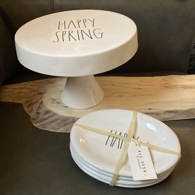 RAE DUNN Cake Pedestal & Oval Dessert Plates 2 HAPPY 2 SPRING Happy Spring NEW