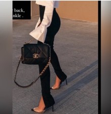 H M High Washed Zip Hem Skinny Leg Pants Rib Leggings Black Sz US 6 EUR 36