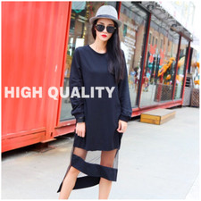 NEW! European Women Mesh Splice Irregular Lap Loose Long Sleeve Black Dress