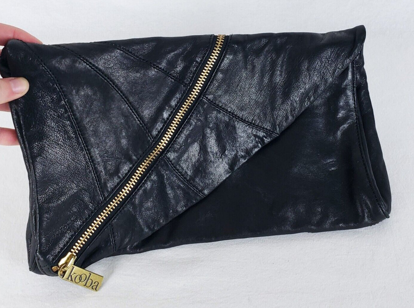 Kooba Clutch Purse Leather Black Foldover Asymmetrical x